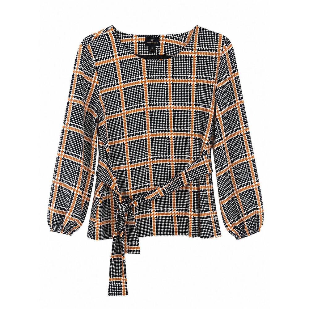Women's Worthington Plaid Three-quarter Sleeve Tie Waist Top Size M
